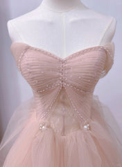 Pink Sweetheart Tulle Beaded Long Party Dress, Pink Tulle Prom Dress Evening Dress