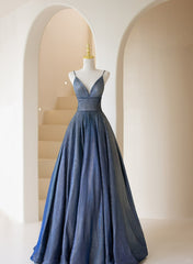 Blue V-Neckline Straps Low Back A-Line Prom Dress, Blue Long Evening Dress