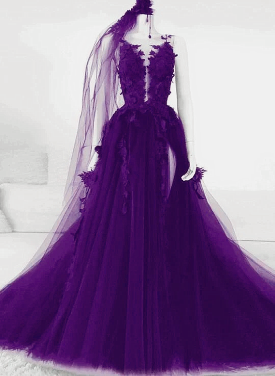 Purple Tulle With Lace Applique Long Party Dress, A-Line Tulle Formal Dress