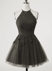 Black Halter Tulle With Lace Short Party Dress, Black Tulle Homecoming Dress