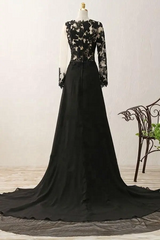 Black Long Sleeves Chiffon With Lace Evening Dress, Black A-Line Party Dress With Leg Slit