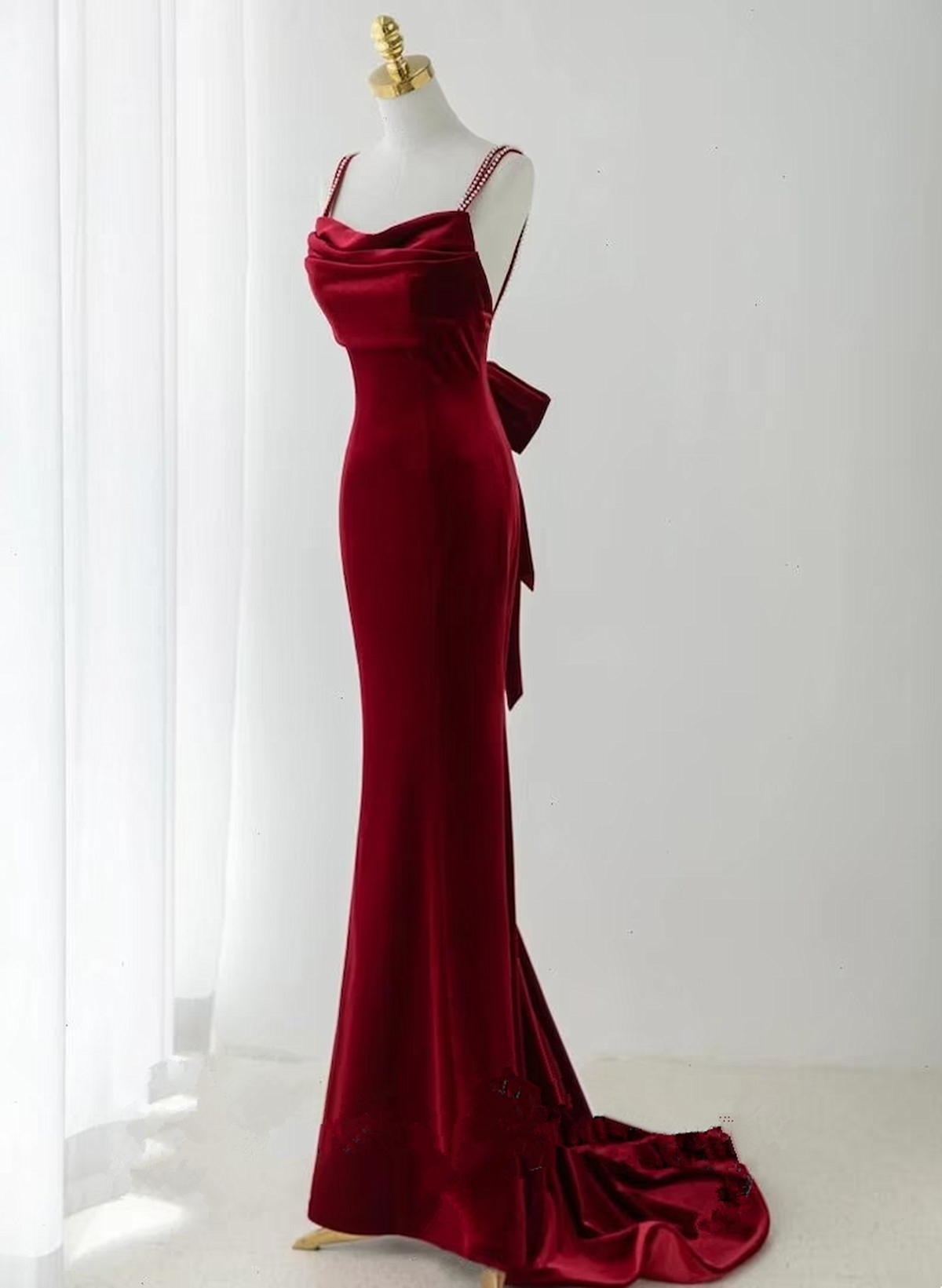 Wine Red Velvet Low Back Straps Long Party Dress, Wine Red Wedding Party Dress