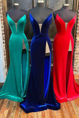 Red Velvet Strapless Mermaid Long Formal Dress with Slit