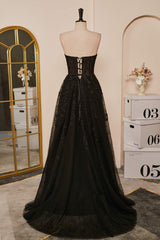 Black Strapless A-line Appliques Tulle Long Prom Dress