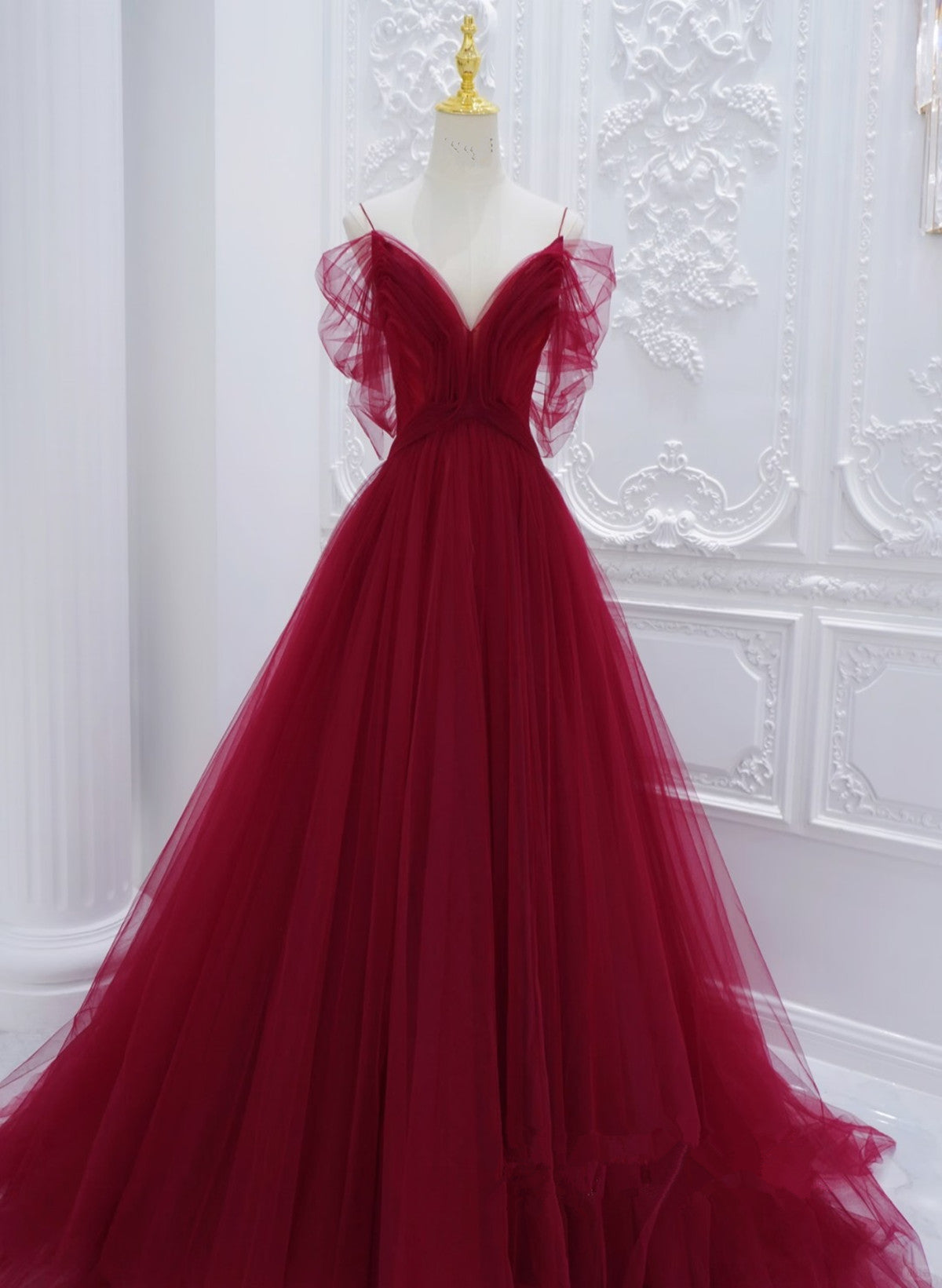 Wine Red Tulle V-Neckline Off Shoulder With Bow, Wine Red Tulle Long Prom Dress