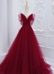 Wine Red Tulle V-Neckline Off Shoulder With Bow, Wine Red Tulle Long Prom Dress