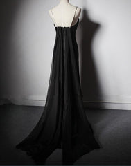 Black Soft Satin A-Line Floor Length Prom Dress, Black Straps Long Evening Dress