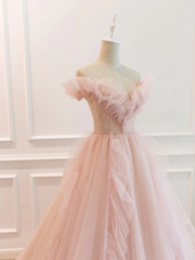 Pink Tulle Off The Shoulder A-Line Tulle Ruffles Floor-Length Prom Dress, Pink Long Party Dress