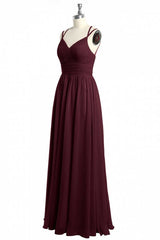 Burgundy Chiffon Spaghetti Straps A-line Long Bridesmaid Dress