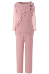 Pink Ruffles 3/4 Sleeves Mother of the Bride Pant Suits