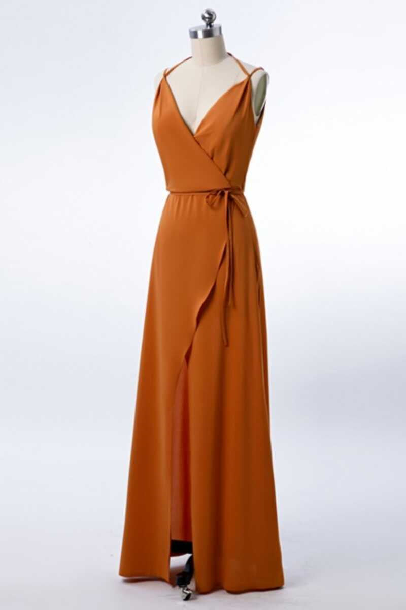 Burnt Orange Spaghetti Straps Long Bridesmaid Dress with Slit