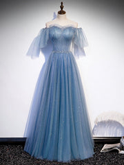 Blue Sweetheart Tulle Sequin Long Prom Dress, Blue Formal Dress, 1