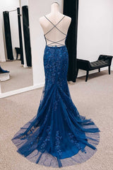 Navy Appliques Lace-Up Back Mermaid Long Formal Dress with Slit