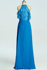 Blue A-line Lace and Chiffon Full Length Bridesmaid Dress