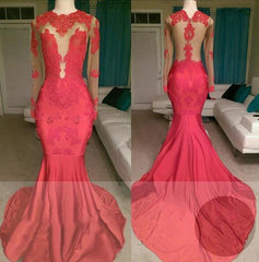 2023 red mermaid see through long sleeves satin appliques long prom dresses
