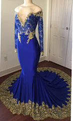 2023 Sexy Mermaid Royal Blue And Gold Appliques Long Sleeves V Neck Off Shoulder Prom Dress