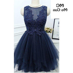 jewel sleeveless appliques beading a line tulle sheer pleated dark navy homecoming dresses