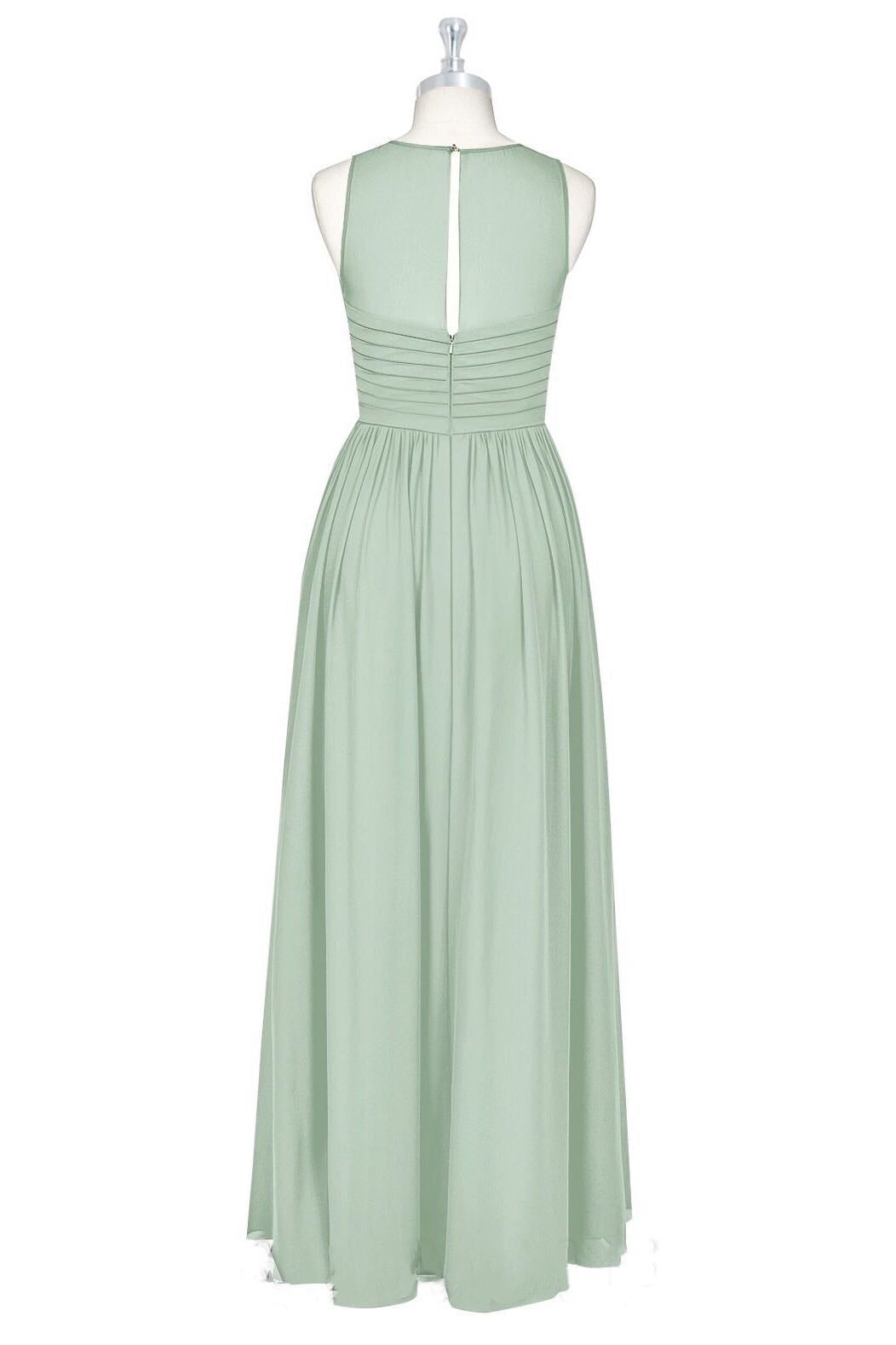 Sage Green Chiffon Sheer Neck A-Line Long Bridesmaid Dress