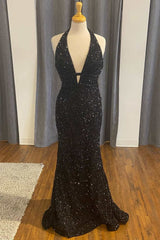 Black Sequin Halter Mermaid Long Prom Dress