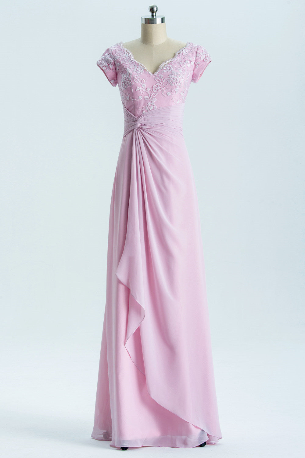 Short Sleeves Pink Appliques Knot Long Bridesmaid Dress