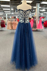 Navy Blue Floral Applique Lace-Up A-Line Long Prom Dress