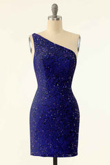 Pink Sequin One-Shoulder Backless Short Formal Dress