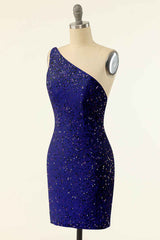 Pink Sequin One-Shoulder Backless Short Formal Dress