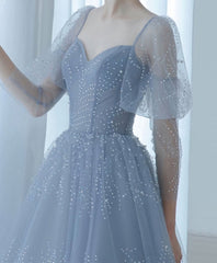 Blue V Neck Tulle Sequin Long Prom Dress, Blue Tulle Formal Dress, 1