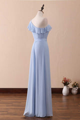 Periwinkle One-Shoulder Ruffled A-Line Long Bridesmaid Dress