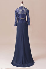 Navy Blue Two-Piece Sweetheart Ruffled Long Mother of the Bride Dress