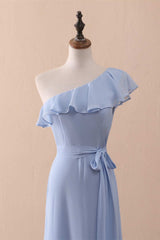 Periwinkle One-Shoulder Ruffled A-Line Long Bridesmaid Dress