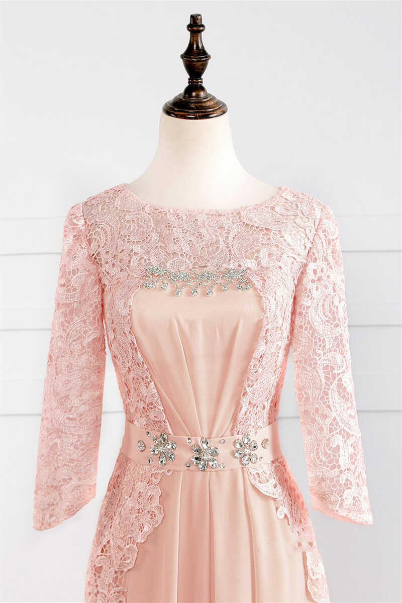 Pink Rhinestone Half Sleeve A-Line Long Mother of the Bride Dress