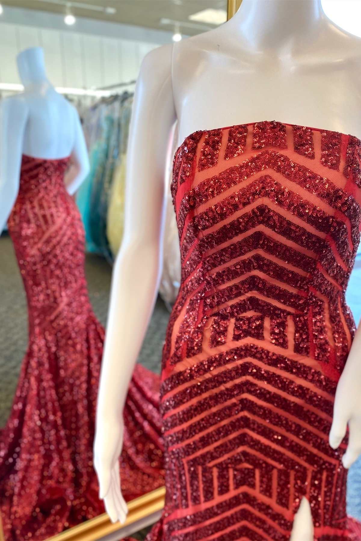 Red Sequin Strapless Mermaid Long Prom Dress with Slit