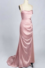 Pink Scoop Neck Lace-Up Back Long Formal Dress with Slit