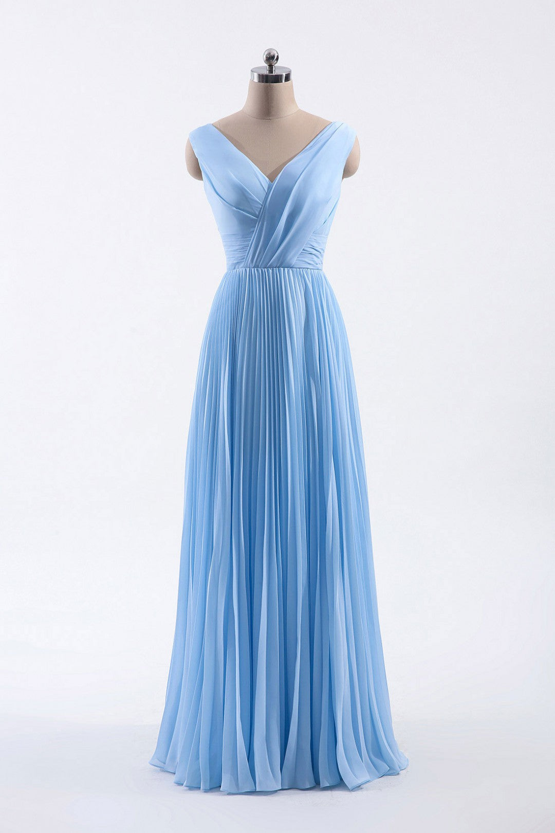 Blue Pleated A-line Chiffon Long Bridesmaid Dress