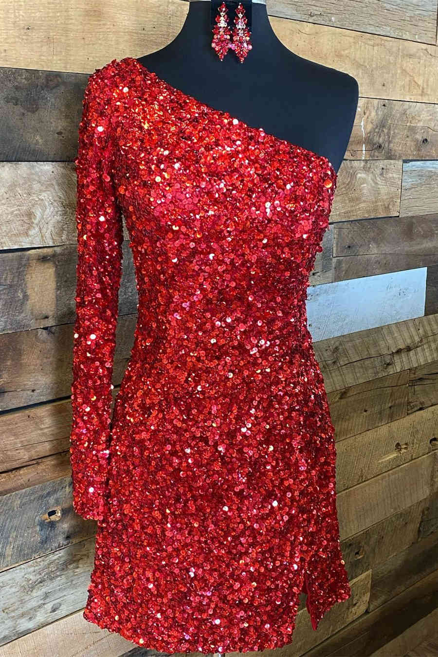 Glitter One Sleeve Red Sequined Homecoming Dress