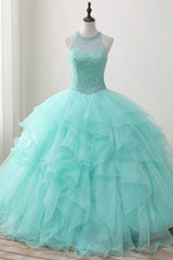 Mint Ball Gown Floor Length Halter Keyhole Back Beading Ruffles Prom Dresses