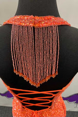 Orange Sequin Halter Fringe Short Homecoming Dress