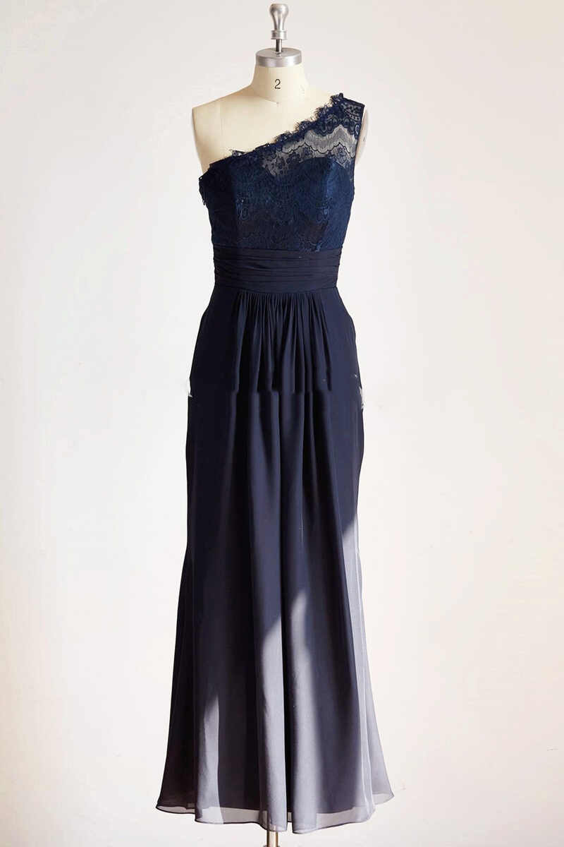 One-Shoulder Navy Blue Lace Long Bridesmaid Dress