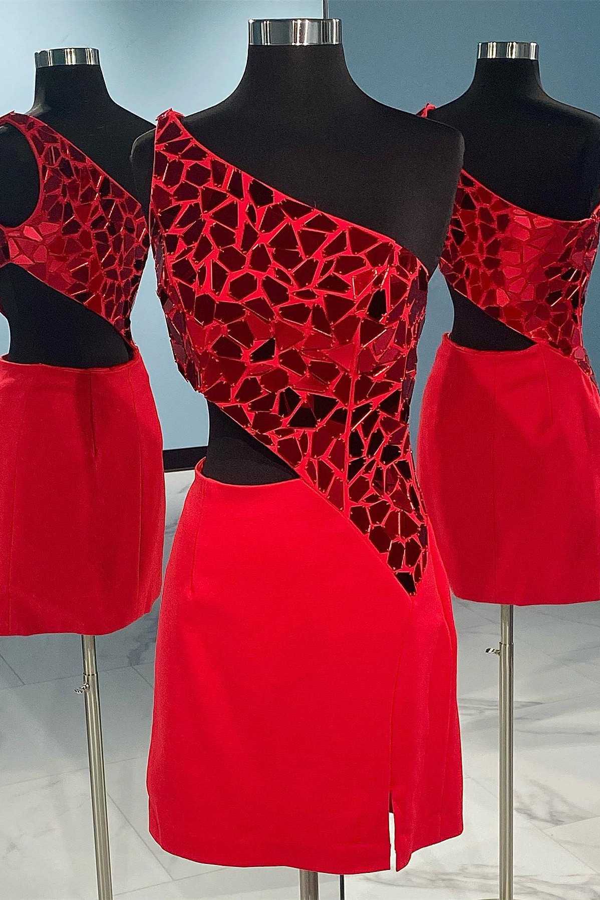 Red Cut Glass Mirror One-Shoulder Cutout Homecoming Dress