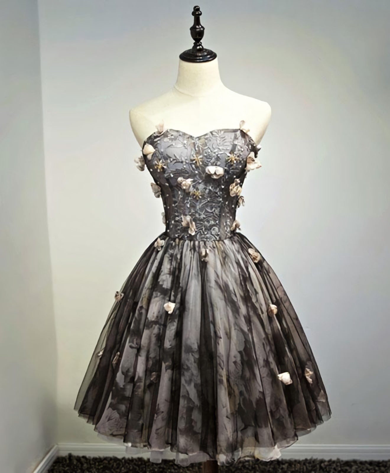 Black Lace Tulle Short Prom Dress, Black Homecoming Dress