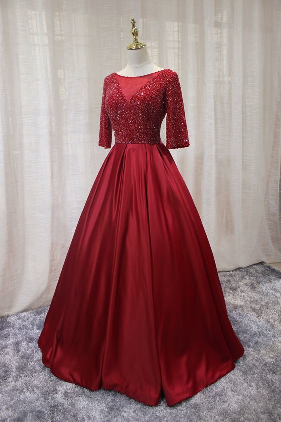 red a line long formal dress prom dress