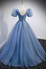 Blue V-Neck Tulle Beading Long Prom Dresses, Blue Short Sleeve Evening Dresses