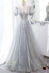 Gray Tulle Lace Long Party Dress, A-Line Evening Dress