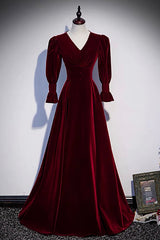 Burgundy Velvet Long Prom Dresses, A-Line Long Sleeve Evening Dresses