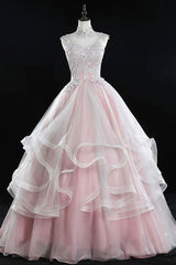 Pink Tulle Lace Sweet 16 Dresses, Long Quinceanera Dresses