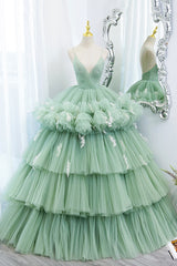 Green V-Neck Layers Tulle Long Ball Gown, A-Line Formal Gown