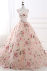 Pink Floral Pattern Lace Long Prom Dress, A-Line Formal Dress