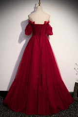 Burgundy Tulle Long Prom Dresses, A-Line Evening Dresses