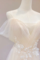 Champagne Tulle Long Prom Dress, Lovely Lace Formal Evening Dress